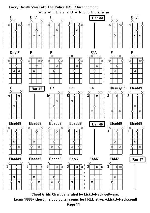 Chord Grids Chart of chord melody fingerstyle guitar song-Every Breath You Take-The Police-BASIC Arrangement,generated by LickByNeck software.